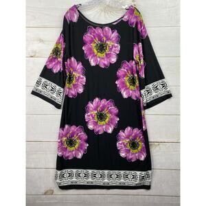 Voir Voir Dress Sz 18 Black Floral Boat neck 3/4 Sleeve Stretch Liquid Knit Midi